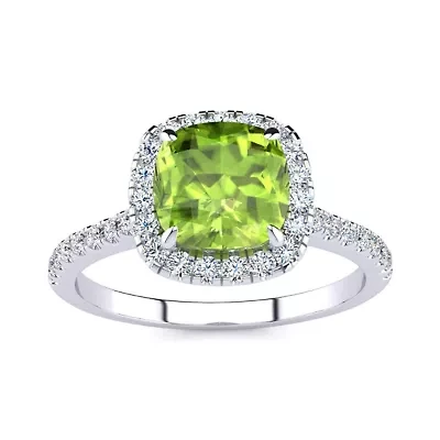 2 Carat Cushion Cut Peridot and Halo Diamond Ring Sterling Silver