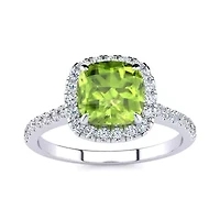 2 Carat Cushion Cut Peridot and Halo Diamond Ring Sterling Silver