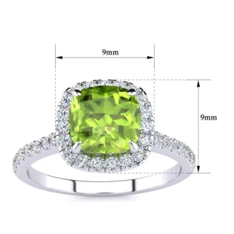 2 Carat Cushion Cut Peridot and Halo Diamond Ring Sterling Silver