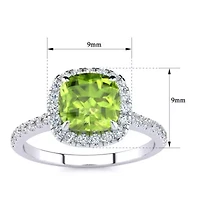 2 Carat Cushion Cut Peridot and Halo Diamond Ring Sterling Silver