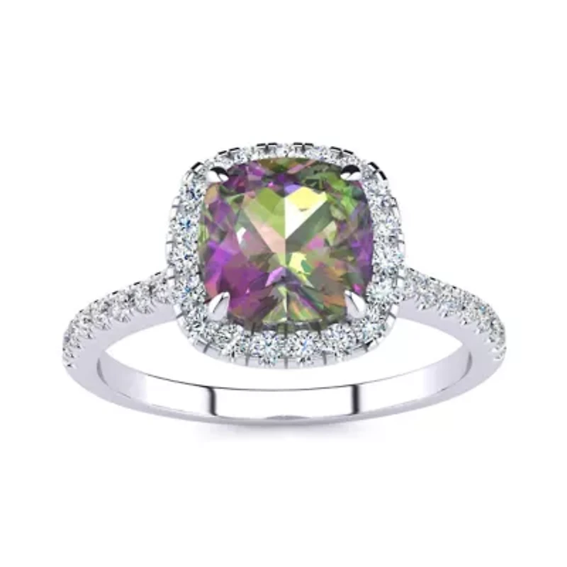 2 Carat Cushion Cut Mystic Topaz and Halo Diamond Ring Sterling Silver