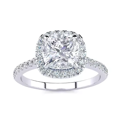 Lab Created 2 Carat Cushion Cut Moissanite and Halo Diamond Ring Sterling Silver