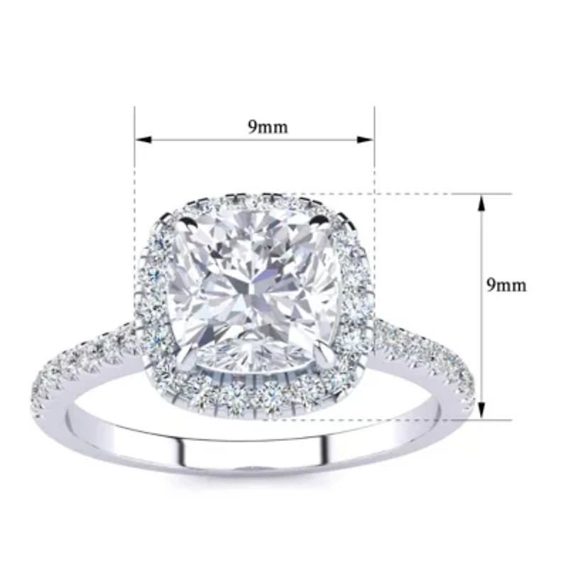 Lab Created 2 Carat Cushion Cut Moissanite and Halo Diamond Ring Sterling Silver