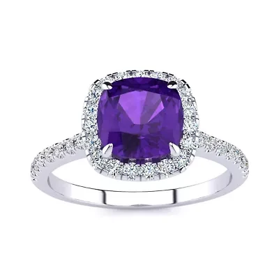 2 Carat Cushion Cut Amethyst and Halo Diamond Ring Sterling Silver