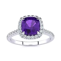 2 Carat Cushion Cut Amethyst and Halo Diamond Ring Sterling Silver