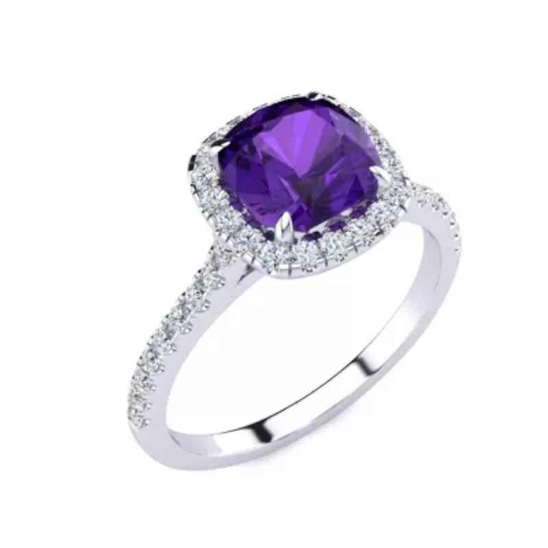 2 Carat Cushion Cut Amethyst and Halo Diamond Ring Sterling Silver