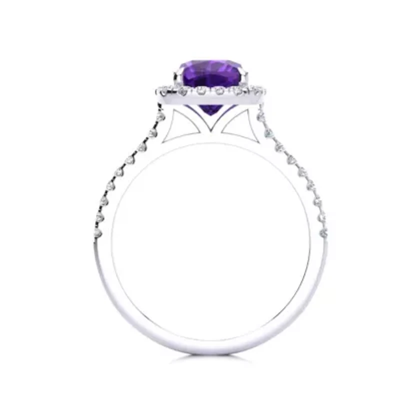 2 Carat Cushion Cut Amethyst and Halo Diamond Ring Sterling Silver