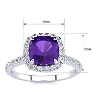 2 Carat Cushion Cut Amethyst and Halo Diamond Ring Sterling Silver
