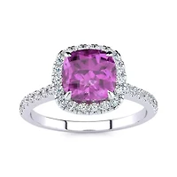 Lab Created 2 Carat Cushion Cut Pink Sapphire and Halo Diamond Ring Sterling Silver