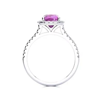 Lab Created 2 Carat Cushion Cut Pink Sapphire and Halo Diamond Ring Sterling Silver