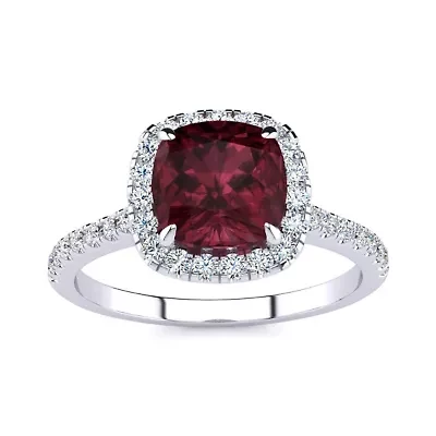 2 Carat Cushion Cut Garnet and Halo Diamond Ring Sterling Silver