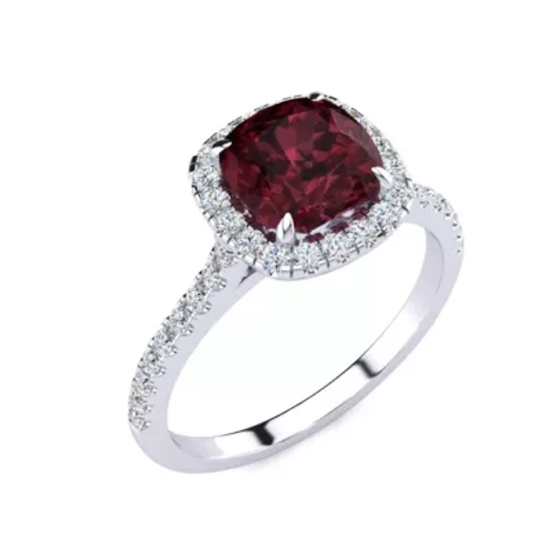 2 Carat Cushion Cut Garnet and Halo Diamond Ring Sterling Silver
