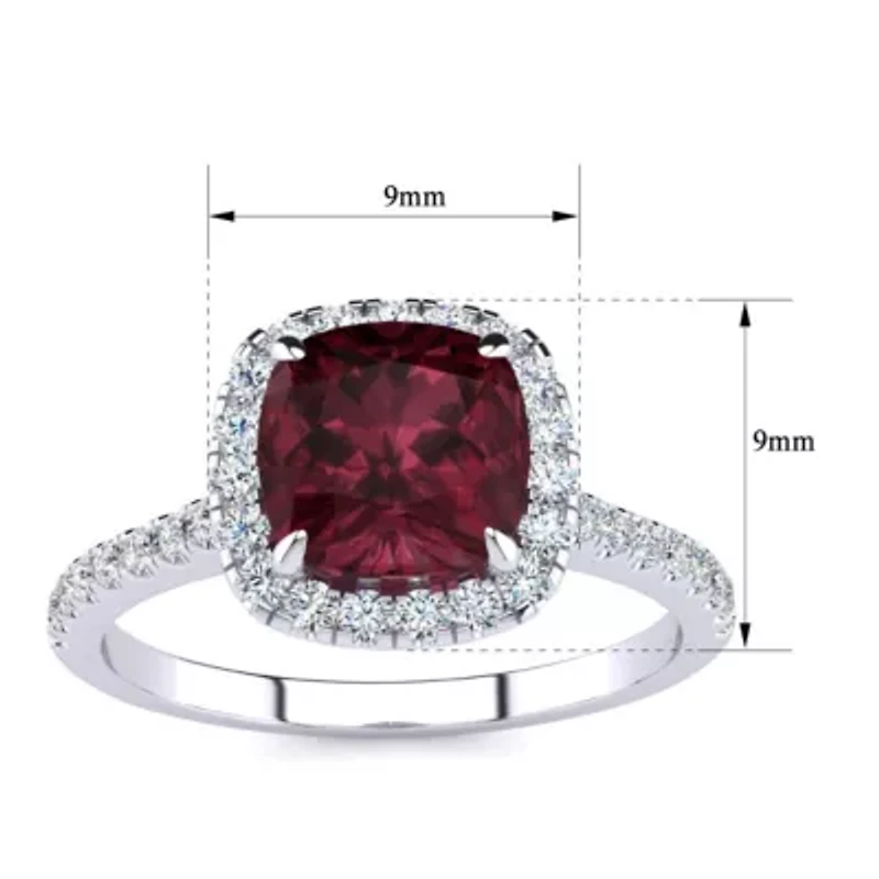 2 Carat Cushion Cut Garnet and Halo Diamond Ring Sterling Silver