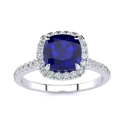 Lab Created 2 Carat Cushion Cut Sapphire and Halo Diamond Ring Sterling Silver
