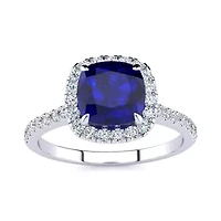 Lab Created 2 Carat Cushion Cut Sapphire and Halo Diamond Ring Sterling Silver
