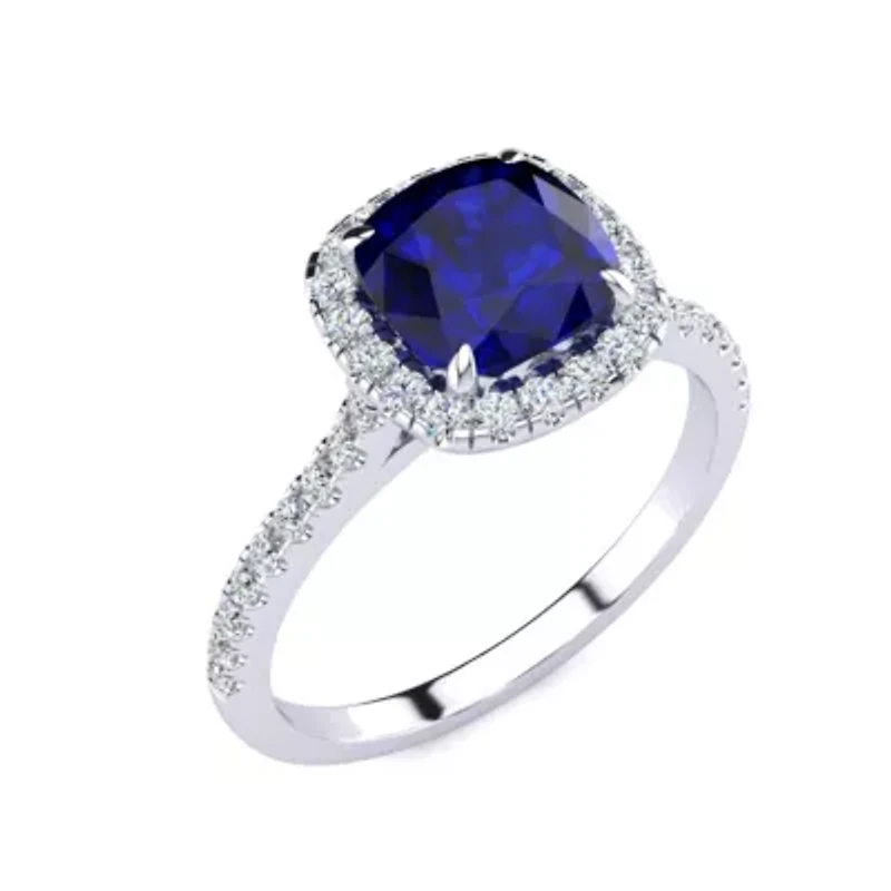 Lab Created 2 Carat Cushion Cut Sapphire and Halo Diamond Ring Sterling Silver
