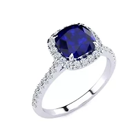 Lab Created 2 Carat Cushion Cut Sapphire and Halo Diamond Ring Sterling Silver