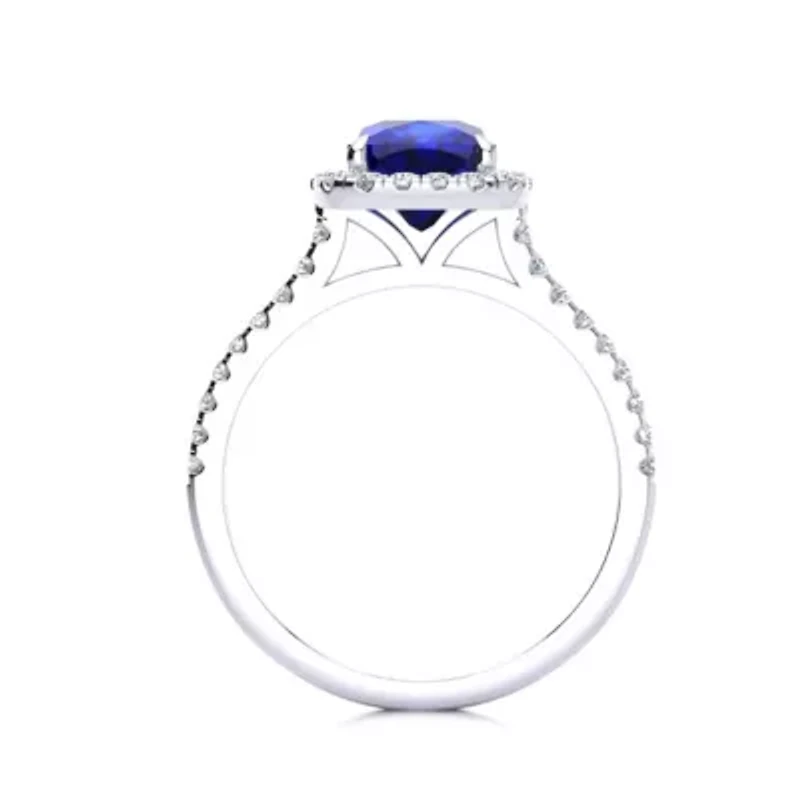 Lab Created 2 Carat Cushion Cut Sapphire and Halo Diamond Ring Sterling Silver