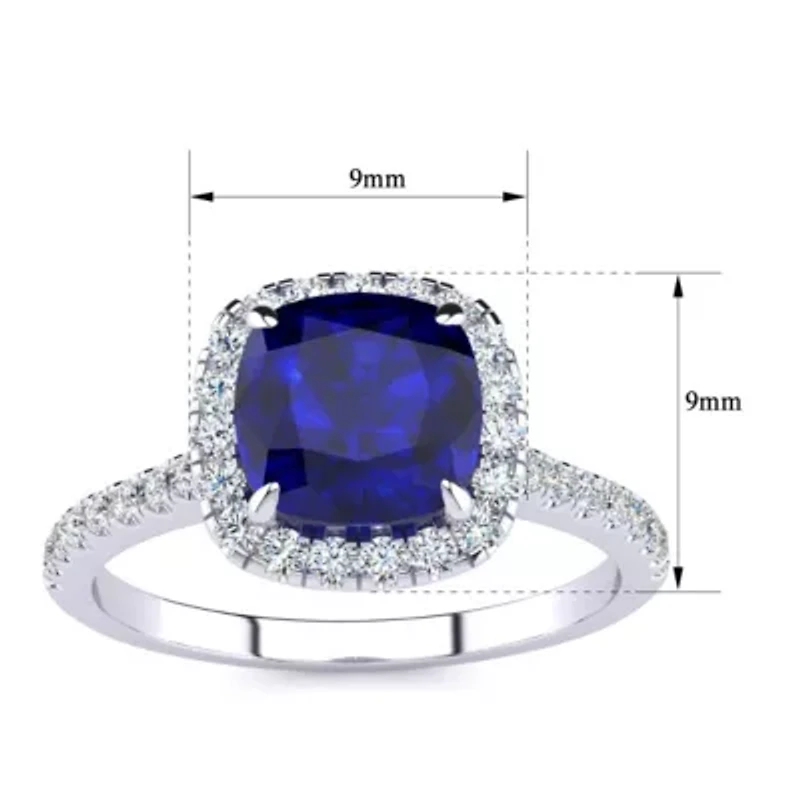 Lab Created 2 Carat Cushion Cut Sapphire and Halo Diamond Ring Sterling Silver