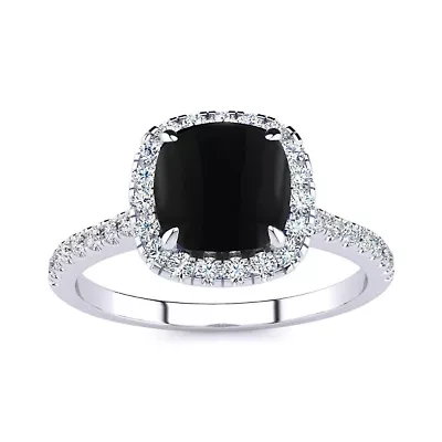 2 Carat Cushion Cut Black Onyx and Halo Diamond Ring Sterling Silver