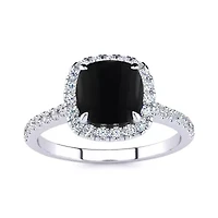 2 Carat Cushion Cut Black Onyx and Halo Diamond Ring Sterling Silver