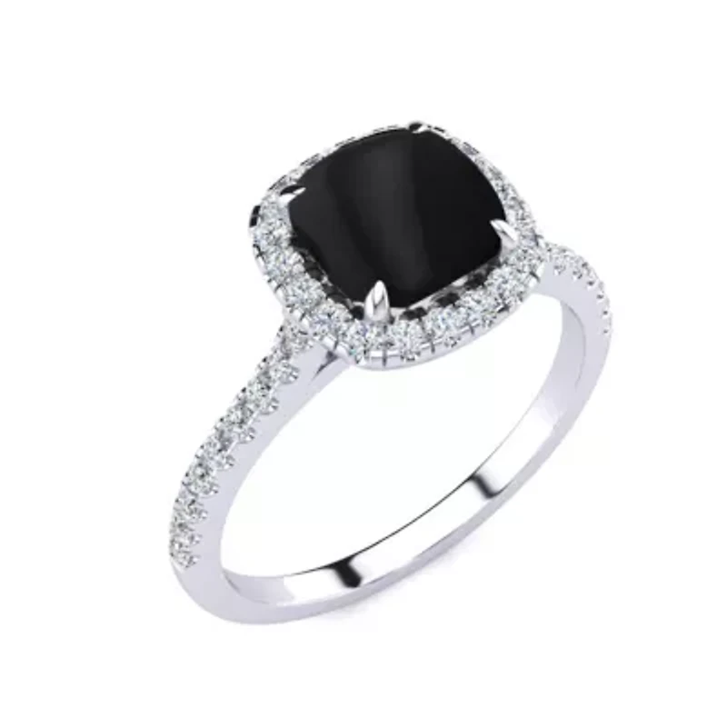 2 Carat Cushion Cut Black Onyx and Halo Diamond Ring Sterling Silver