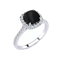 2 Carat Cushion Cut Black Onyx and Halo Diamond Ring Sterling Silver