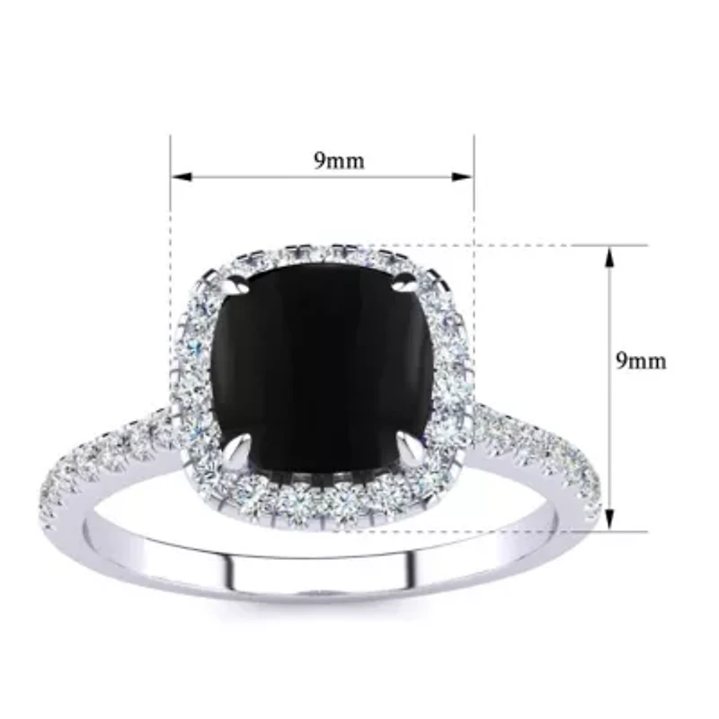 2 Carat Cushion Cut Black Onyx and Halo Diamond Ring Sterling Silver