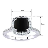 2 Carat Cushion Cut Black Onyx and Halo Diamond Ring Sterling Silver