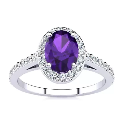 Lab Created 1 Carat Oval Shape Gemstone and Halo Diamond Ring Sterling Silver