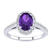 Lab Created 1 Carat Oval Shape Gemstone and Halo Diamond Ring Sterling Silver