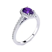 Lab Created 1 Carat Oval Shape Gemstone and Halo Diamond Ring Sterling Silver