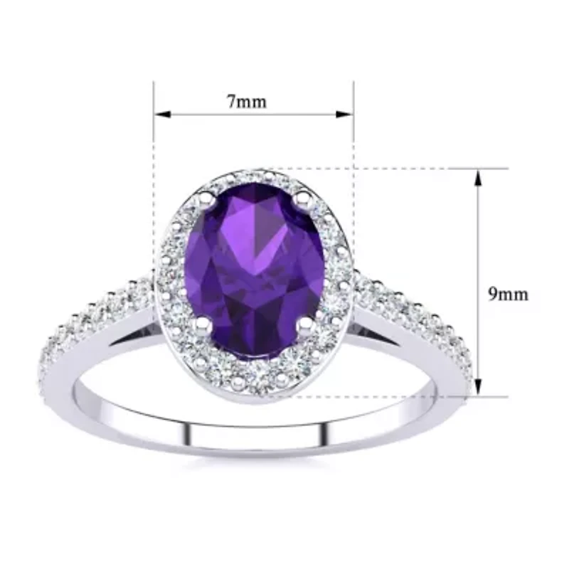 Lab Created 1 Carat Oval Shape Gemstone and Halo Diamond Ring Sterling Silver