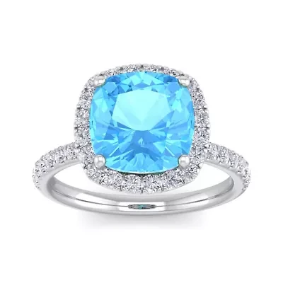 Lab Created 5 1/2 Carat Cushion Cut Gemstone and Halo Diamond Ring Sterling Silver