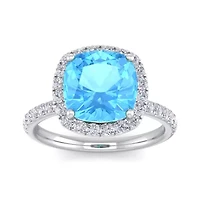Lab Created 5 1/2 Carat Cushion Cut Gemstone and Halo Diamond Ring Sterling Silver