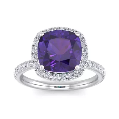 Lab Created 5 1/2 Carat Cushion Cut Gemstone and Halo Diamond Ring Sterling Silver