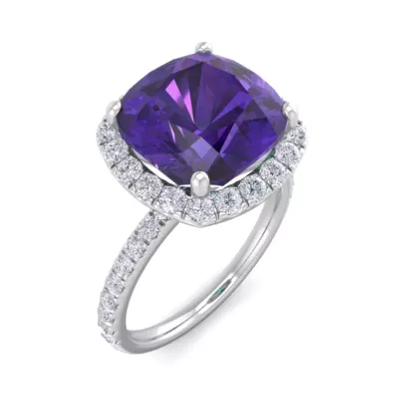 Lab Created 5 1/2 Carat Cushion Cut Gemstone and Halo Diamond Ring Sterling Silver