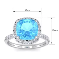 Lab Created 5 1/2 Carat Cushion Cut Gemstone and Halo Diamond Ring Sterling Silver