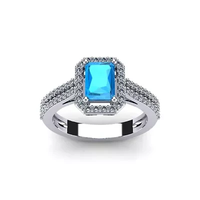 1 1/2 Carat Octagon Shape Gemstone and Halo Diamond Ring Sterling Silver