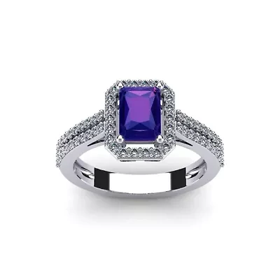 1 1/2 Carat Octagon Shape Gemstone and Halo Diamond Ring Sterling Silver