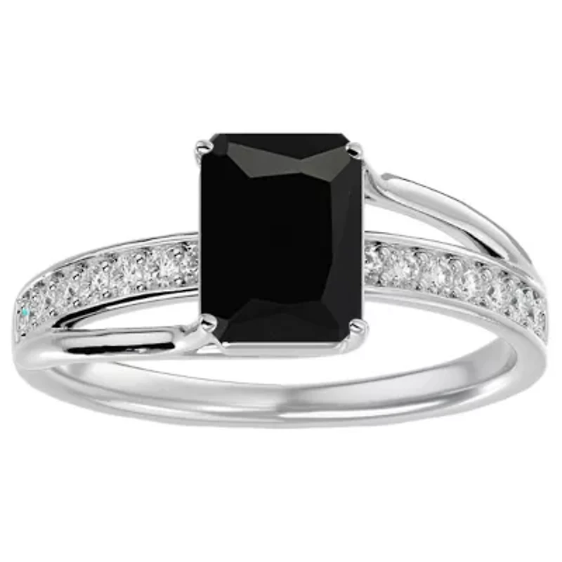 Lab Created 1 3/4 Carat Emerald Shape Gemstone and Diamond Ring Sterling Silver