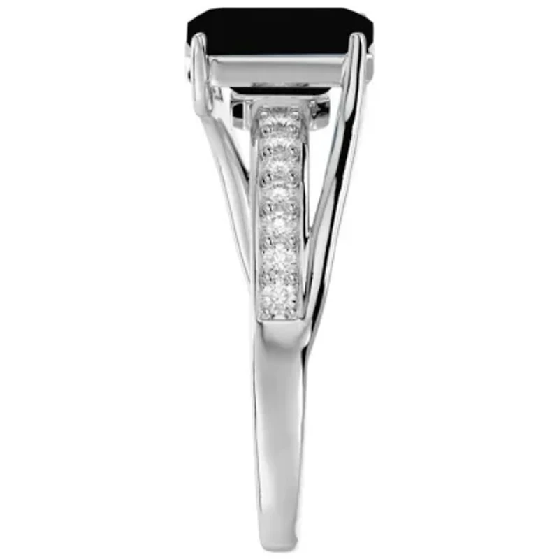 Lab Created 1 3/4 Carat Emerald Shape Gemstone and Diamond Ring Sterling Silver