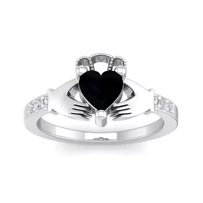 Lab Created 1 Carat Heart Shape Gemstone Diamond Claddagh Ring Sterling Silver