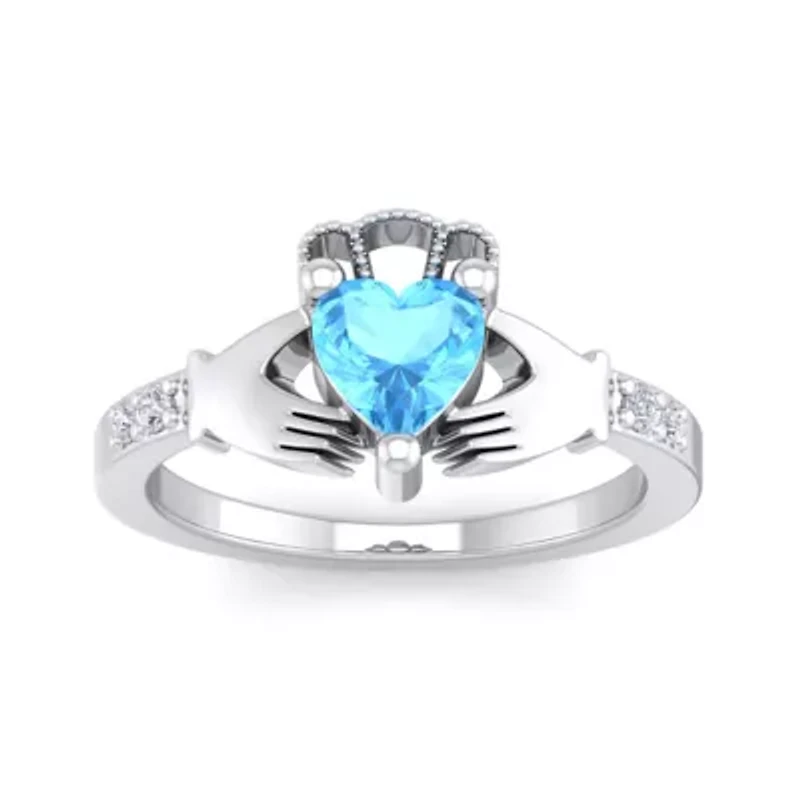 Lab Created 1 Carat Heart Shape Gemstone Diamond Claddagh Ring Sterling Silver