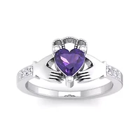 Lab Created 1 Carat Heart Shape Gemstone Diamond Claddagh Ring Sterling Silver