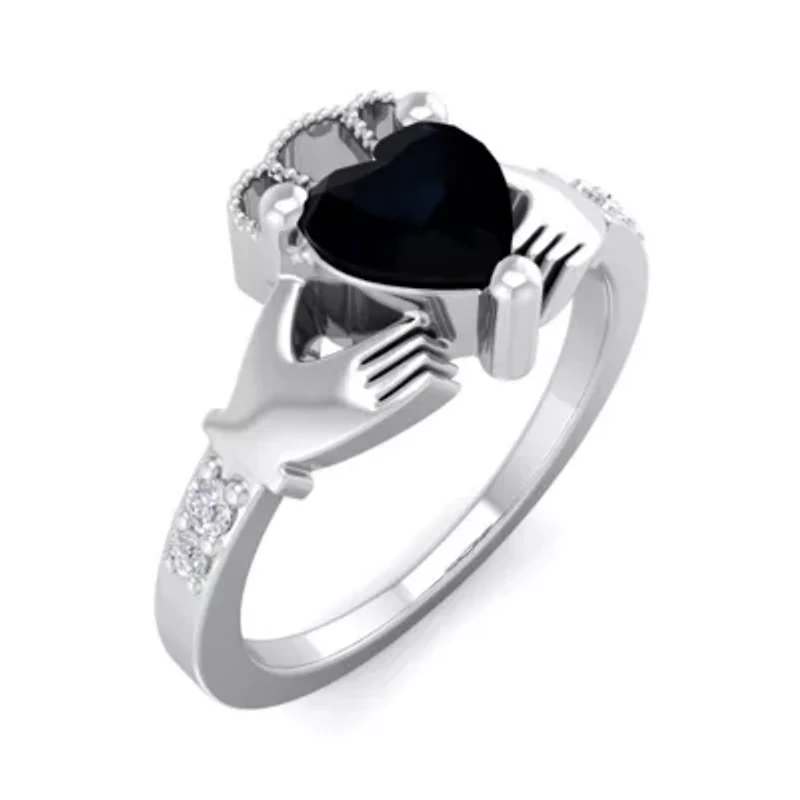 Lab Created 1 Carat Heart Shape Gemstone Diamond Claddagh Ring Sterling Silver