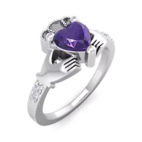 Lab Created 1 Carat Heart Shape Gemstone Diamond Claddagh Ring Sterling Silver