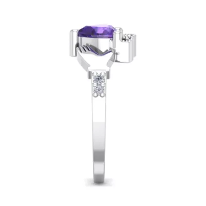 Lab Created 1 Carat Heart Shape Gemstone Diamond Claddagh Ring Sterling Silver