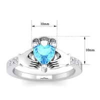 Lab Created 1 Carat Heart Shape Gemstone Diamond Claddagh Ring Sterling Silver