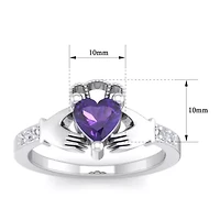 Lab Created 1 Carat Heart Shape Gemstone Diamond Claddagh Ring Sterling Silver